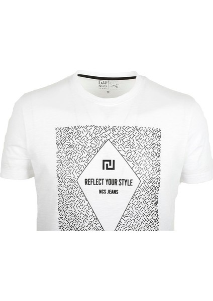 Erkek Beyaz Bisiklet Yaka Baskılı %100 Pamuk Slim Fit T-Shirt 1924 fırsatları