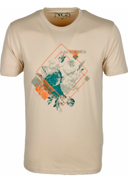 Bej Bisiklet Yaka Baskılı Slim Fit T-Shirt Ncs 1194