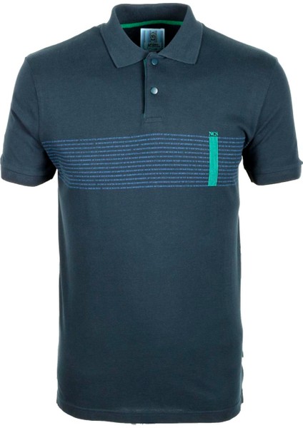 Erkek Lacivert Polo Yaka Slim Fit Dar Kesim Baskılı %100 Pamuk T-Shirt Jeans 1124