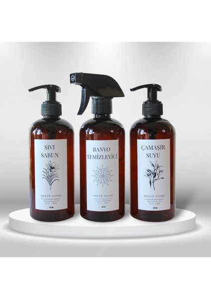Amber Plastik Pompalı Sıvı Sabunluk Fısfıslı Banyo Temizleyici Çamaşır Suyu Şişesi 500ML 3lüset