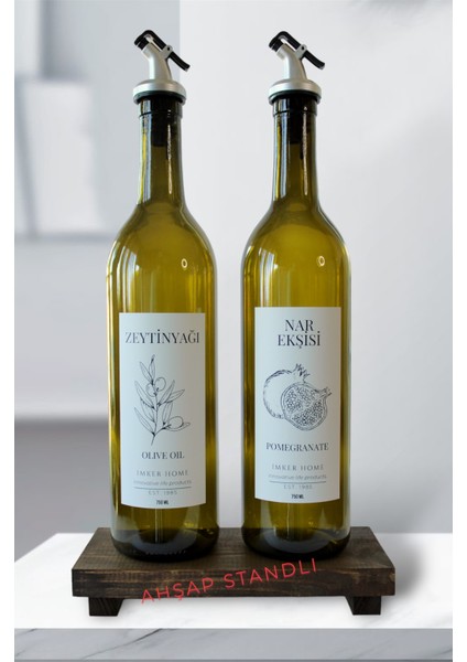 Ahşap Stantlı Amber Cam Zeytinyağı Nar Ekşisi Şişesi Yağdanlık Sosluk 750ML