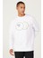 Erkek Beyaz Oversize Bol Kesim Bisiklet Yaka Pamuklu Baskılı Sweatshirt 1