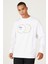 Erkek Beyaz Oversize Bol Kesim Bisiklet Yaka Pamuklu Baskılı Sweatshirt 3