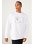 Erkek Beyaz Oversize Bol Kesim Bisiklet Yaka Pamuklu Baskılı Sweatshirt 4