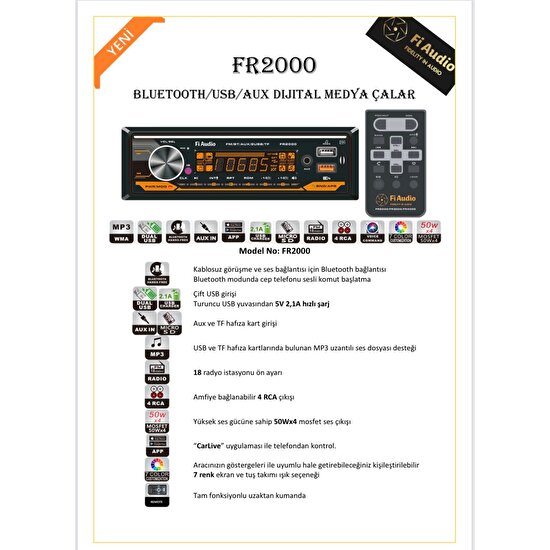 Fi Audio FR2000 Bluetooth/usb/aux Dijital Medya Çalar Oto Teyp