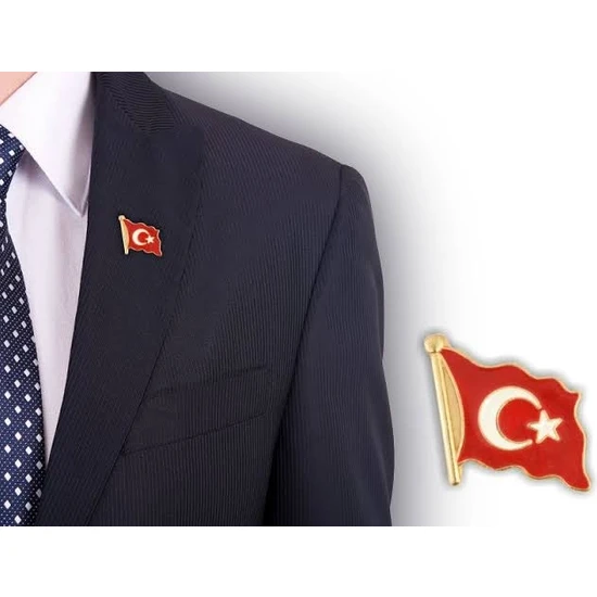 Herşey Nota Ay Yıldız Türk Bayrağı Yaka Rozeti Altın Kaplama Zeminli Dalgalı Bayrak Rozet Gümüş