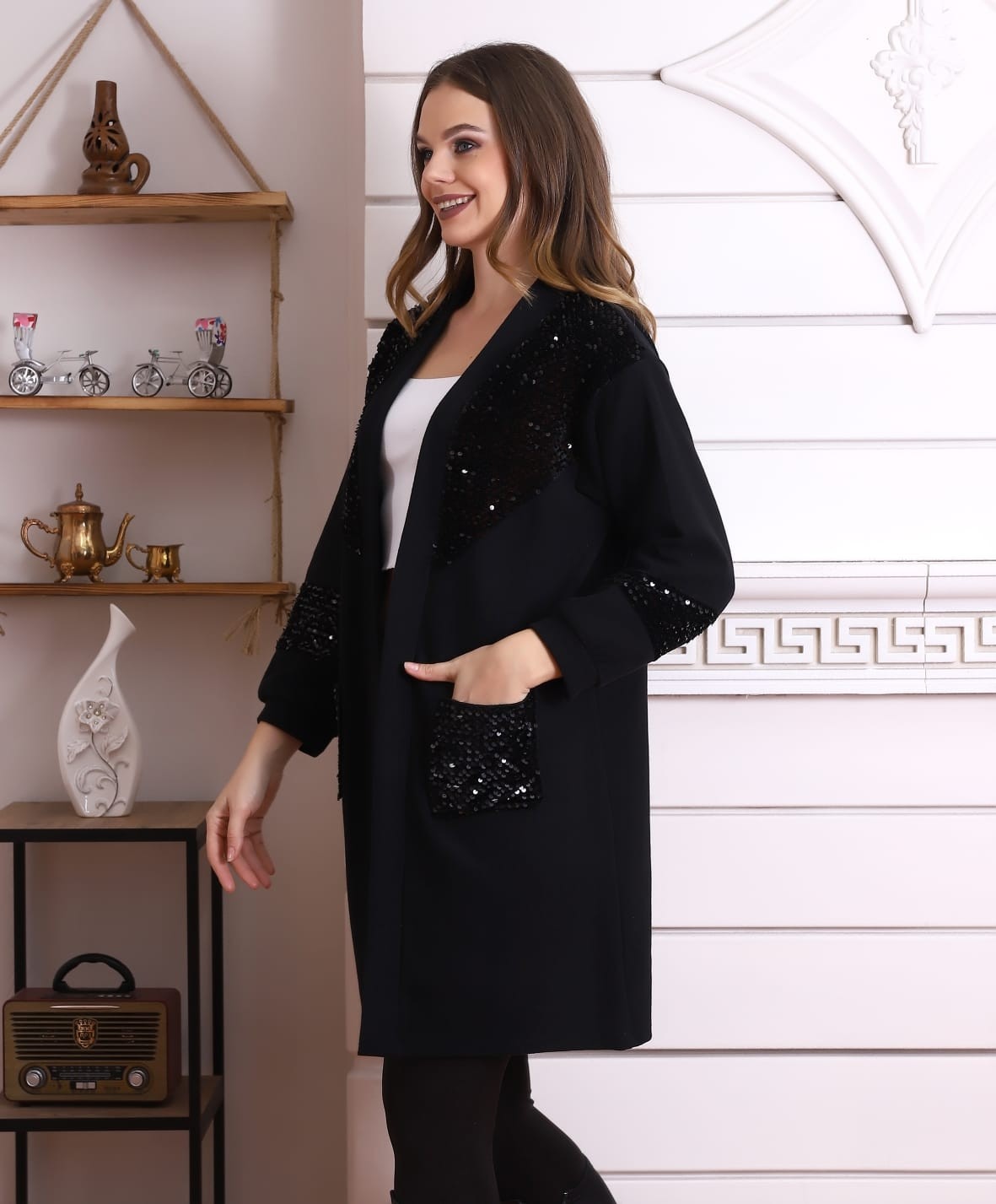 Cng Moda Cepli Pullu Hırka Düz Desenli Kadın Trend Stil S - M Beden Siyah görsel 3