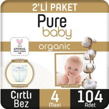 Pure Baby Organik Pamuklu Cırtlı Bez 2'li Paket 4 Numara Maxi 104 Adet