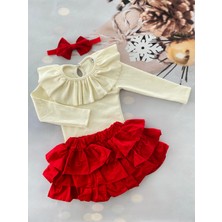 Mini Kids Kız Bebek Yakası Fırfırlı Body Şort Etek Bandana Takım