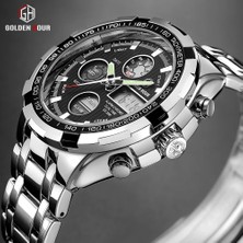Hanyang G W Goldenhour Lüks Marka Su Geçirmez Askeri Spor Saatler Erkekler Gümüş Çelik Dijital Kuvars Analog Saat Saat Relogios Masculinos (Yurt Dışından)