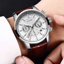 Hanyang L Gümüş Beyaz Lıge Üst Marka Lüks Moda Yeni Deri Kayış Kuvars Erkek Saatler Rahat Tarih Iş Erkek Kol Saatleri Homme Montre Saat + Kutu (Yurt Dışından)