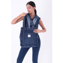 Bery Mood Koyu Mavi Cepli Kare Kot Bez Kol & Omuz Çantası Tote Bag Kanvas Iş Günlük Jean Model Yazlık 35X35