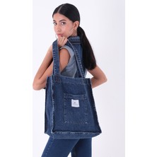 Bery Mood Koyu Mavi Cepli Kare Kot Bez Kol & Omuz Çantası Tote Bag Kanvas Iş Günlük Jean Model Yazlık 35X35