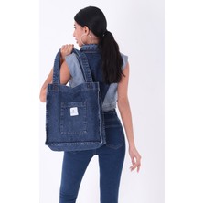 Bery Mood Koyu Mavi Cepli Kare Kot Bez Kol & Omuz Çantası Tote Bag Kanvas Iş Günlük Jean Model Yazlık 35X35