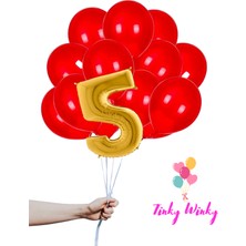 Tinky Winky Gold Rakam Folyo ve Kırmızı Balon Doğum Günü Balon Zincir Parti Seti