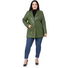 Disentis Modest Büyük Beden Torba Cepli Düğmeli Astarlı Haki Suni Deri Ceket