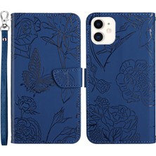 Forestl Digital Iphone 12 Mini Telefon Kılıfı 5.4 Inç Kelebek Çiçek Deseni Baskılı Stand Kılıfı Şok Geçirmez Cilt Touch Hissed Hisset Pu Deri Cüzdan Strap-Mavi ile Anti-Fall Kapak (Yurt Dışından)