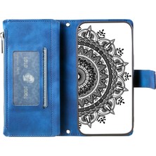 Forestl Digital Iphone 13 Mini Telefon Kılıfı 5.4 Inç Pu Deri Mandala Çiçek Baskılı Cüzdan Kılıfı Çoklu Kart Yuvası Manyetik Kapatma Fermuarı Cep Stand Kapağı Strap-Mavi (Yurt Dışından)