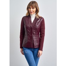 Pierre Cardin Kadın Bordo Çift Cepli Örme Kol Deri Ceket