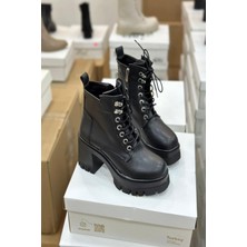 Mida Shoes Zelda Siyah Deri Bağcıklı Kadın Bot