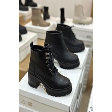 Mida Shoes Zelda Siyah Deri Bağcıklı Kadın Bot