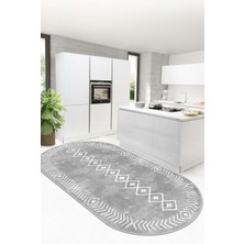 Lavita Home Dijital Baskı Yıkanabili Kaymaz Gri Oval Salon Halısı Mutfak Halısı Yolluk ve Paspas