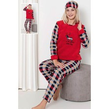 Sharin Kadın Kırmızı Desenli Welsoft Desenli Kışlık Polar Pijama Takım 1D-0217