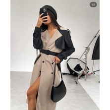 Wellway Ithal Bonded Kumaş & Deri Kumaş Astarlı Trençkot Siyah