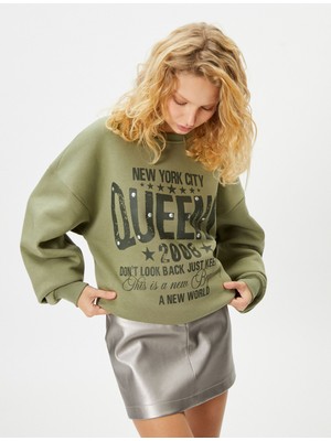 Koton Kolej Baskılı Sweatshirt Uzun Kollu Bisiklet Yaka Taş Detaylı
