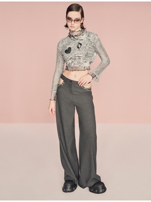 Koton Düz Bol Paça Pencere Detaylı Pantolon Zincir Detaylı Cepli