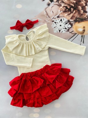 Mini Kids Kız Bebek Yakası Fırfırlı Body Şort Etek Bandana Takım