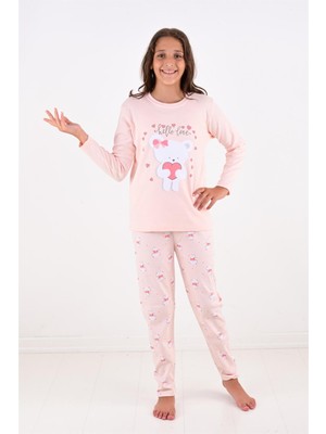 Vitmo Kız Çocuk Uzun Kollu Fiyonklu Ayıcık Model Pijama Takımı