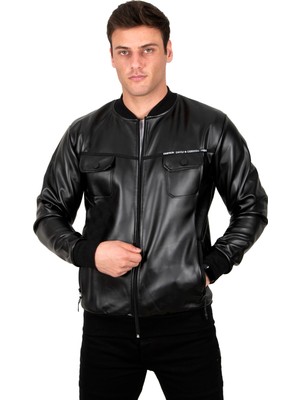 DeepSEA Erkek Siyah Suni Deri Ceket Rüzgar ve Su Geçirmez Kolej Tarzı Fermuarlı Dar Kesim Mont Ceket 23020660