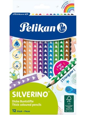 Pelikan Silverino Jumbo Üçgen Kuru Boya Kalemi 12'li Kutu 5 mm Renkli Kalemler