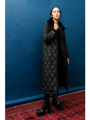 Micca Pelo Garnili Tüm Beden Kapitone ve Garni Dolgulu Spor Manto Kaban-Siyah