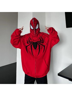 Köstebek Kırmızı Spider-Man Goth Fermuarlı (Unisex) Kapüşonlu