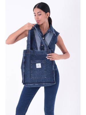 Bery Mood Koyu Mavi Cepli Kare Kot Bez Kol & Omuz Çantası Tote Bag Kanvas Iş Günlük Jean Model Yazlık 35X35