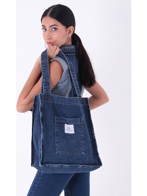 Bery Mood Koyu Mavi Cepli Kare Kot Bez Kol & Omuz Çantası Tote Bag Kanvas Iş Günlük Jean Model Yazlık 35X35