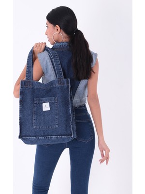 Bery Mood Koyu Mavi Cepli Kare Kot Bez Kol & Omuz Çantası Tote Bag Kanvas Iş Günlük Jean Model Yazlık 35X35