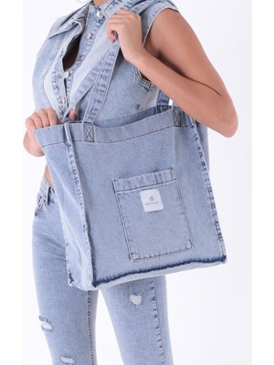 Bery Mood Açık Mavi Cepli Kare Kot Bez Kol & Omuz Çantası Tote Bag Kanvas Iş Günlük Jean Model Yazlık 35X35