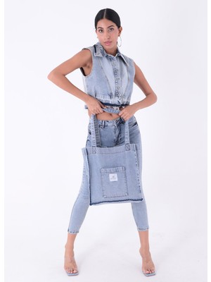 Bery Mood Açık Mavi Cepli Kare Kot Bez Kol & Omuz Çantası Tote Bag Kanvas Iş Günlük Jean Model Yazlık 35X35