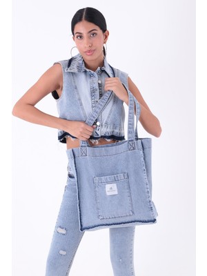 Bery Mood Açık Mavi Cepli Kare Kot Bez Kol & Omuz Çantası Tote Bag Kanvas Iş Günlük Jean Model Yazlık 35X35