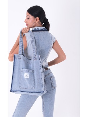 Bery Mood Açık Mavi Cepli Kare Kot Bez Kol & Omuz Çantası Tote Bag Kanvas Iş Günlük Jean Model Yazlık 35X35