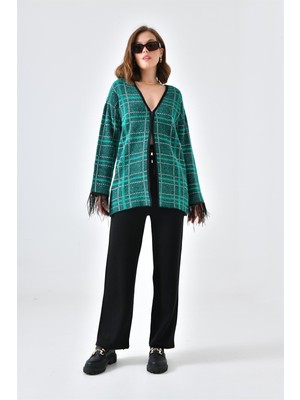 FTZ Women Kadın Kuş Tüyü Detaylı Pantolonlu Takım  Siyah Ekru 20572