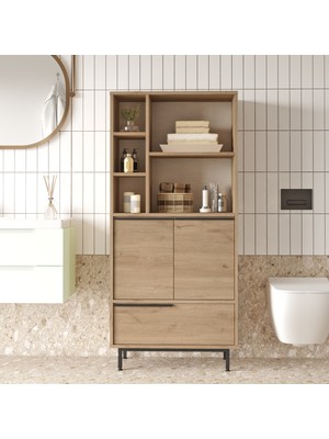 Robin Home Lidya Banyo Dolabı Çok Amaçlı Dolap 3 Kapaklı Metal Ayaklı Sepet