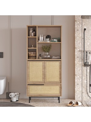 Robin Home Lidya Banyo Dolabı Çok Amaçlı Dolap 3 Kapaklı Metal Ayaklı Uv Baskı Sepet-Jüt