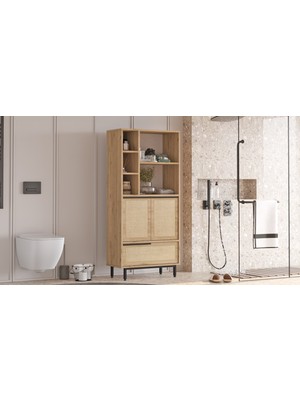 Robin Home Lidya Banyo Dolabı Çok Amaçlı Dolap 3 Kapaklı Metal Ayaklı Uv Baskı Sepet-Jüt