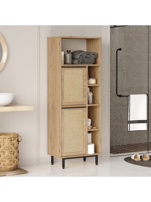 Robin Home Lidya Banyo Dolabı Çok Amaçlı Dolap 2 Kapaklı Metal Ayaklı Uv Baskı Sepet-Jüt