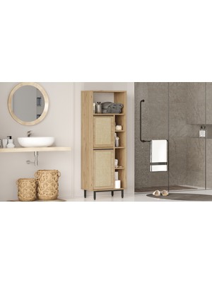 Robin Home Lidya Banyo Dolabı Çok Amaçlı Dolap 2 Kapaklı Metal Ayaklı Uv Baskı Sepet-Jüt