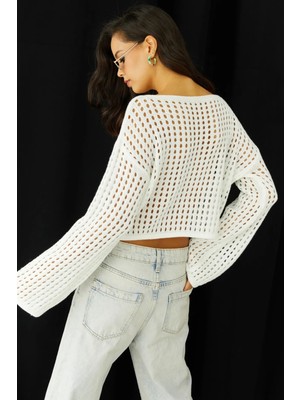 Kasheha Kadın Beyaz Kayık Yaka Fileli Tunik Bluz - KAD3325325